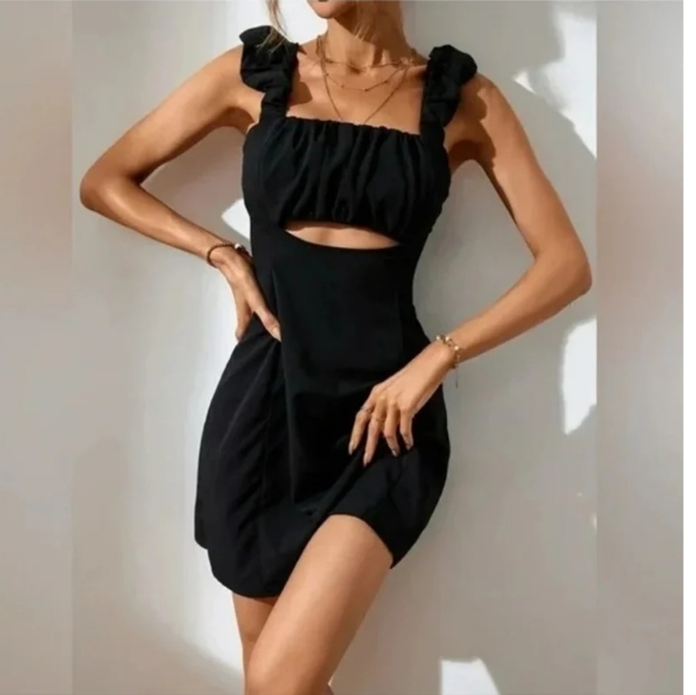 Free People Bom Bom Island Ruffle Mini Dress Cotton Linen Black Womens‎ Size SP